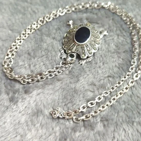 Vintage Sterling Silver, Onyx and Marcasite Turtle Pendant/Necklace - Picture 3 of 16
